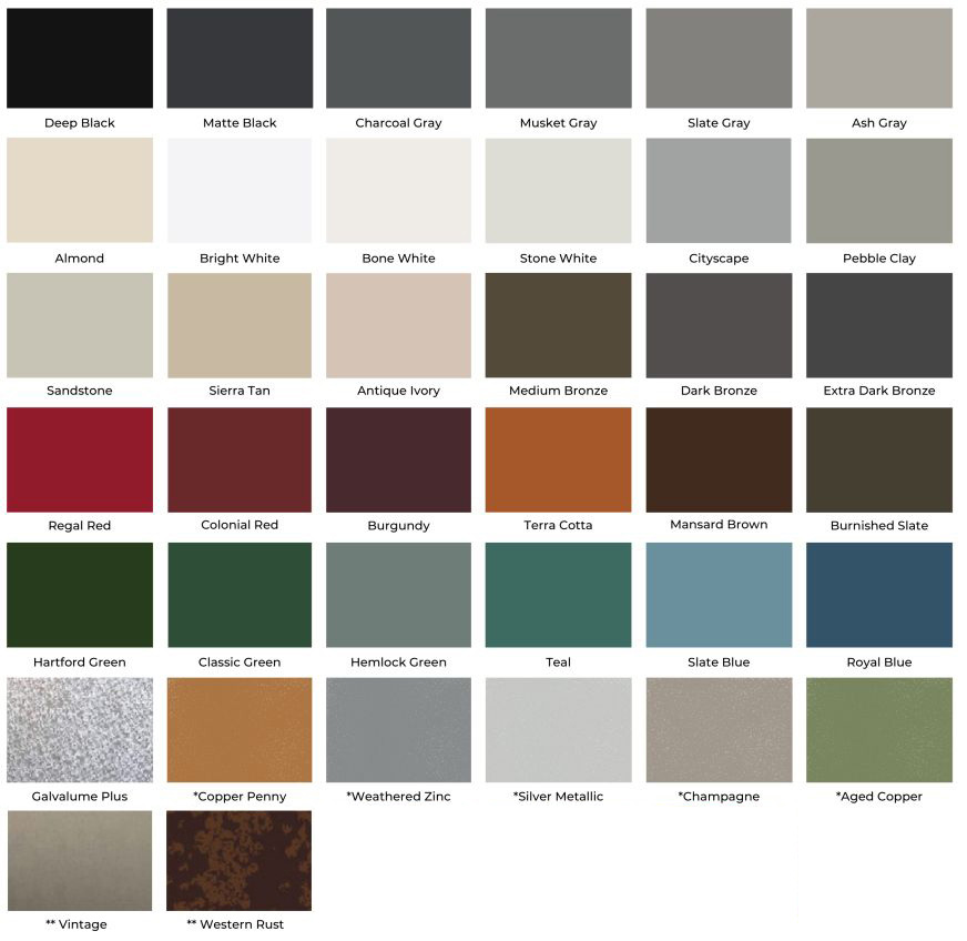 Swatches of the standard colors for Galvalume