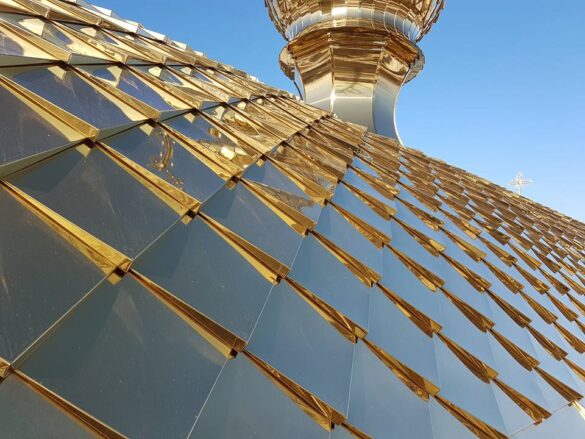 Titanium nitride roof with gold dragon scale shingles