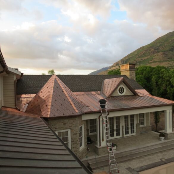 Home with a copper composite roof again the distant mountains
