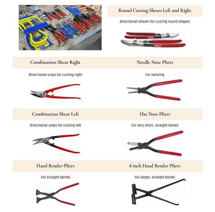 illustration of some of the tools required for crafting and installing metal roofs