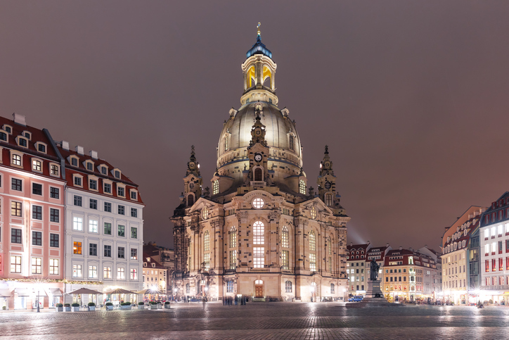 Lutheran church of Our Lady aka Frauenkirche with market place at night in Dresden, Saxony, Germany