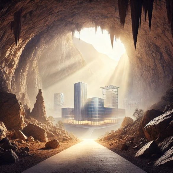 Cave entrance with light streaming out, symbolizing opportunity, with modern metal-clad buildings in the distance representing architectural innovation. Enter the cave metaphor.