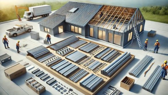 Construction team installing a custom metal roof using a complete kit of made-to-order components from Spengler Industries, with roofing panels, flashing, and accessories laid out like a well-organized set.