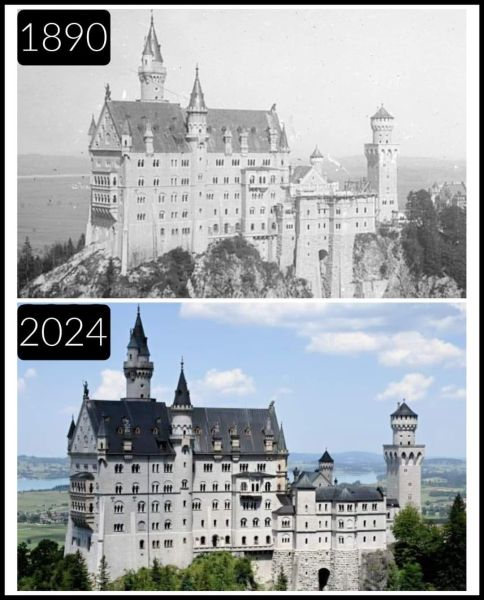 Neuschwanstein Castle in 1890 and 2024: A visual comparison showcasing the historical architecture and its preservation over time.