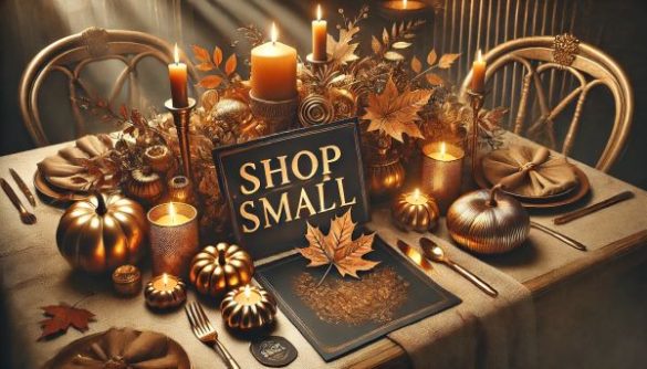 A warm and inviting Thanksgiving table setup featuring autumn leaves, pumpkins, and candles, with a 'Shop Small' sign in festive gold and rustic tones, set against a background of metallic textures and sleek architectural details.